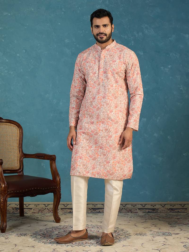 Mens multi viscose rayon embroidered calf length straight regular kurta