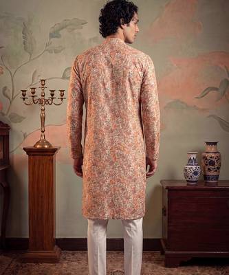Mens multi viscose rayon embroidered calf length straight regular kurta 5