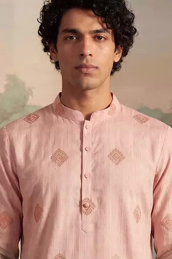 Mens peach silk blend woven design calf length straight regular kurta with trouser