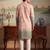 Mens peach silk blend woven design calf length straight regular kurta with trouser