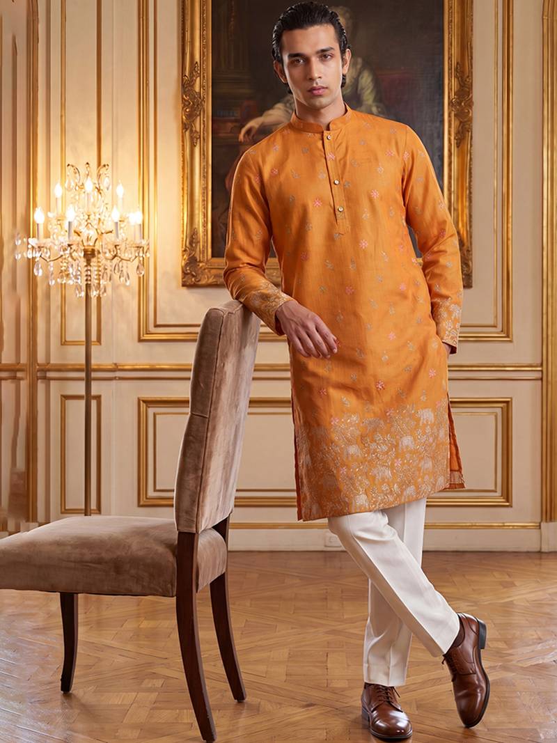 Mens orange silk blend woven design calf length straight regular kurta with trouser