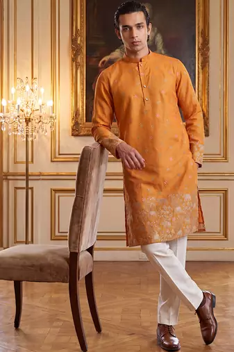 Mens orange silk blend woven design calf length straight regular kurta with trouser