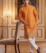 Mens orange silk blend woven design calf length straight regular kurta with trouser