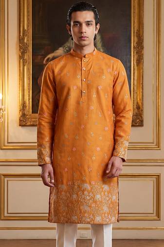 Mens orange silk blend woven design calf length straight regular kurta with trouser