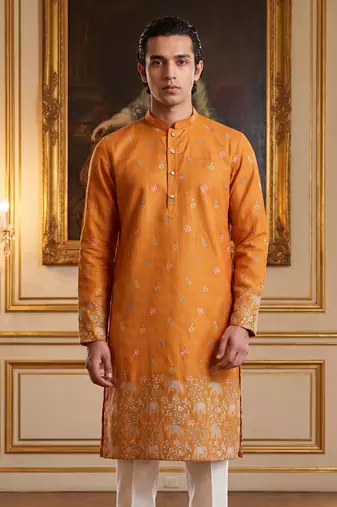 Mens orange silk blend woven design calf length straight regular kurta with trouser