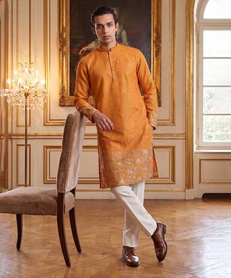 Mens orange silk blend woven design calf length straight regular kurta with trouser 2