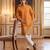 Mens orange silk blend woven design calf length straight regular kurta with trouser