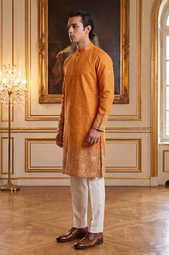 Mens orange silk blend woven design calf length straight regular kurta with trouser