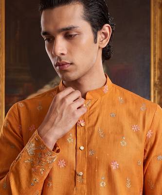 Mens orange silk blend woven design calf length straight regular kurta with trouser 3
