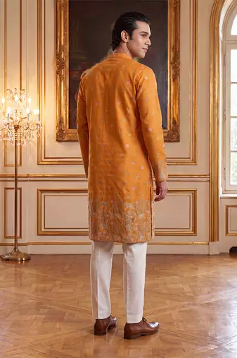 Mens orange silk blend woven design calf length straight regular kurta with trouser