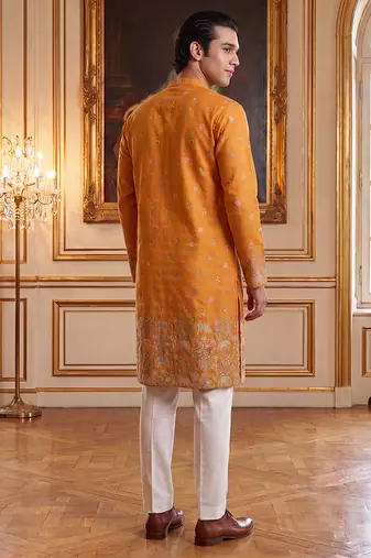 Mens orange silk blend woven design calf length straight regular kurta with trouser