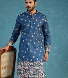 Mens blue silk blend woven design calf length straight regular kurta with trouser