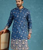 Mens blue silk blend woven design calf length straight regular kurta with trouser