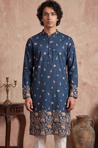 Mens blue silk blend woven design calf length straight regular kurta with trouser