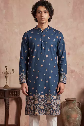 Mens blue silk blend woven design calf length straight regular kurta with trouser