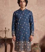Mens blue silk blend woven design calf length straight regular kurta with trouser