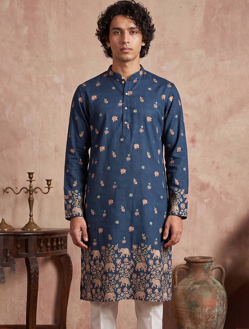 Mens blue silk blend woven design calf length straight regular kurta with trouser