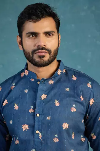Mens blue silk blend woven design calf length straight regular kurta with trouser
