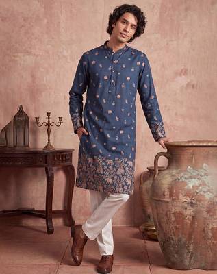 Mens blue silk blend woven design calf length straight regular kurta with trouser 2