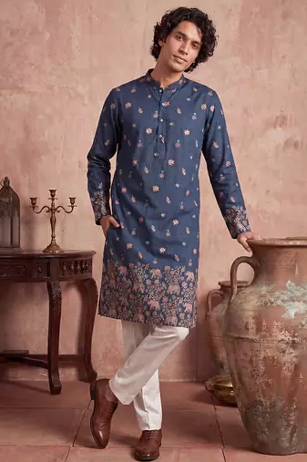 Mens blue silk blend woven design calf length straight regular kurta with trouser