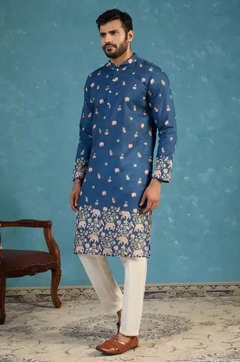 Mens blue silk blend woven design calf length straight regular kurta with trouser