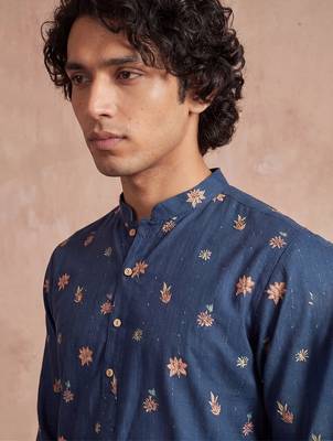 Mens blue silk blend woven design calf length straight regular kurta with trouser 3