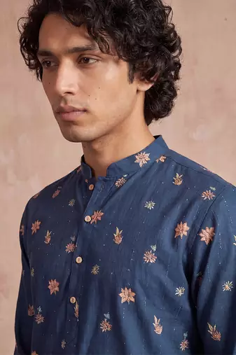Mens blue silk blend woven design calf length straight regular kurta with trouser