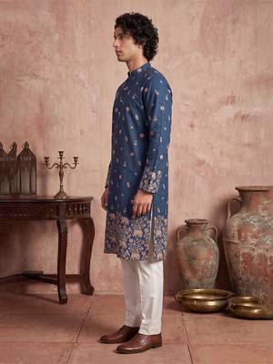 Mens blue silk blend woven design calf length straight regular kurta with trouser 4