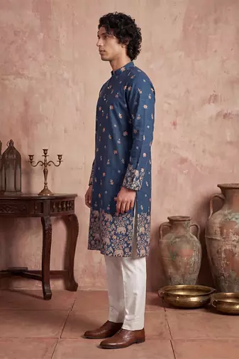 Mens blue silk blend woven design calf length straight regular kurta with trouser