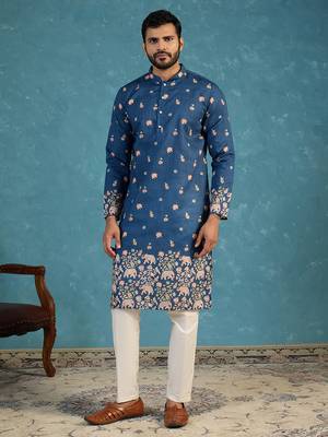 Mens blue silk blend woven design calf length straight regular kurta with trouser 5