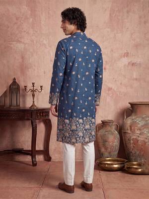 Mens blue silk blend woven design calf length straight regular kurta with trouser 5