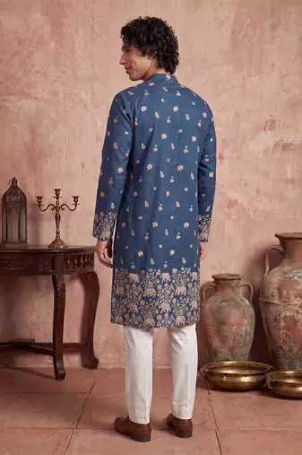 Mens blue silk blend woven design calf length straight regular kurta with trouser