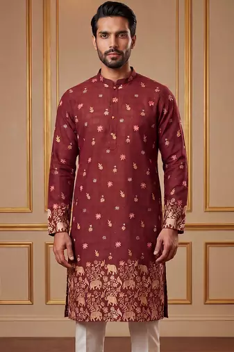 Mens maroon silk blend woven design calf length straight regular kurta with trouser