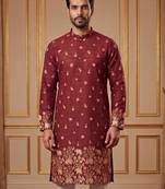 Mens maroon silk blend woven design calf length straight regular kurta with trouser