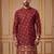 Mens maroon silk blend woven design calf length straight regular kurta with trouser