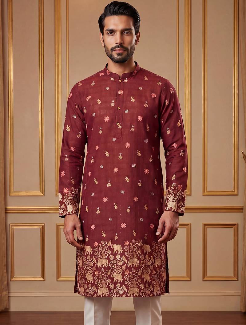 Mens maroon silk blend woven design calf length straight regular kurta with trouser