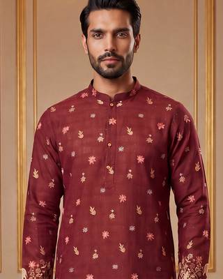 Mens maroon silk blend woven design calf length straight regular kurta with trouser 2