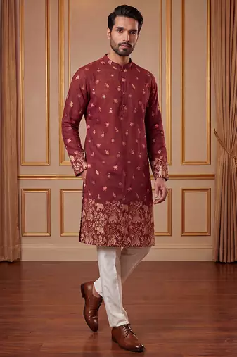 Mens maroon silk blend woven design calf length straight regular kurta with trouser