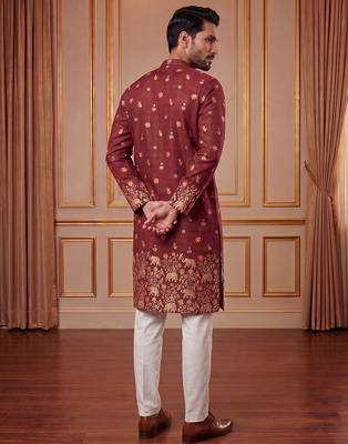 Mens maroon silk blend woven design calf length straight regular kurta with trouser 5