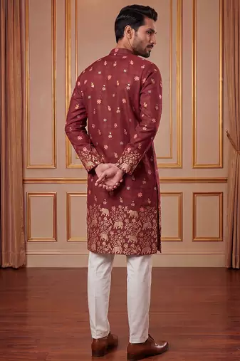 Mens maroon silk blend woven design calf length straight regular kurta with trouser