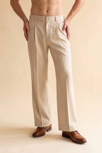 Men cream modal relaxed straight fit pleated trousers