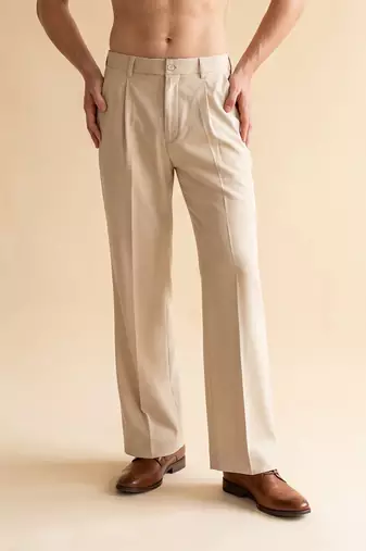 Men cream modal relaxed straight fit pleated trousers