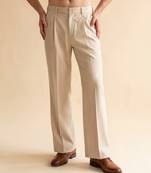 Men cream modal relaxed straight fit pleated trousers