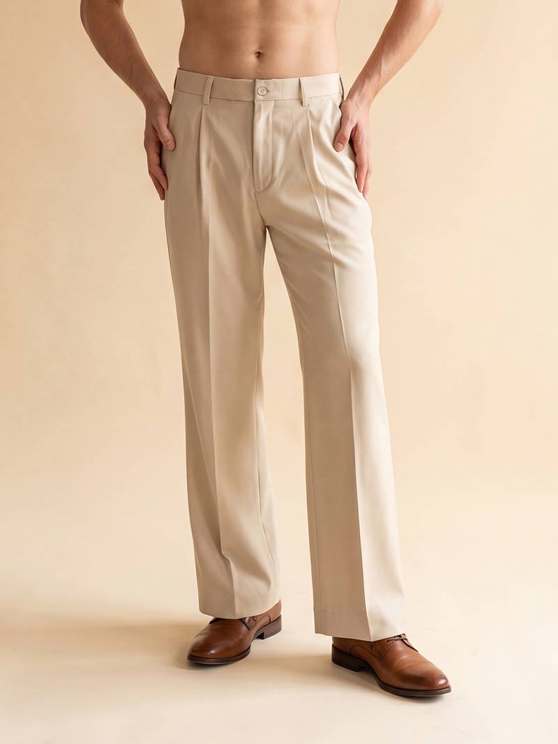 Men cream modal relaxed straight fit pleated trousers