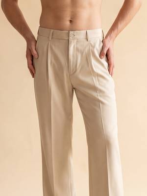 Men cream modal relaxed straight fit pleated trousers 2
