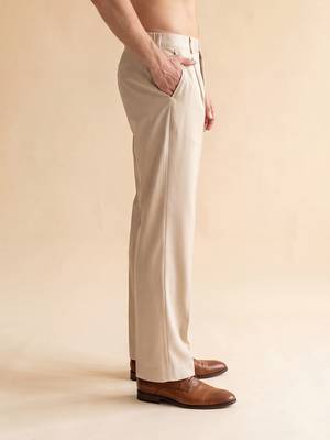 Men cream modal relaxed straight fit pleated trousers 3
