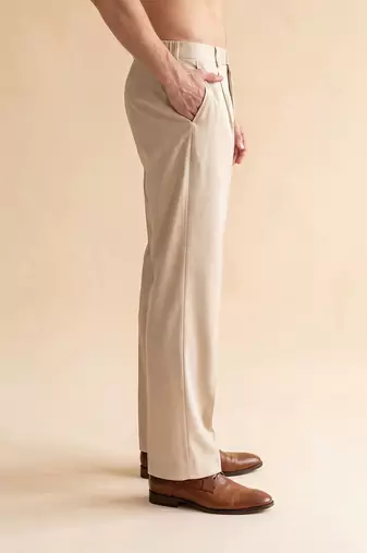 Men cream modal relaxed straight fit pleated trousers