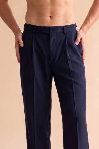 Men blue modal relaxed straight fit pleated trousers