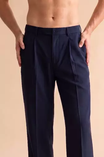 Men blue modal relaxed straight fit pleated trousers