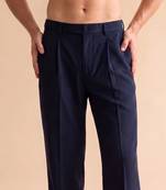 Men blue modal relaxed straight fit pleated trousers